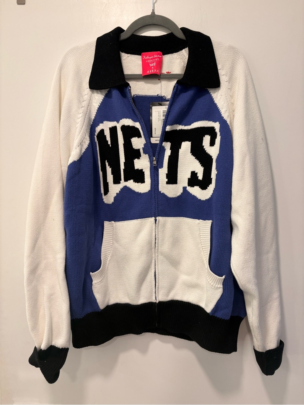 Graphic NETS Zip-Up Knit Jacket in Blue, White & Black